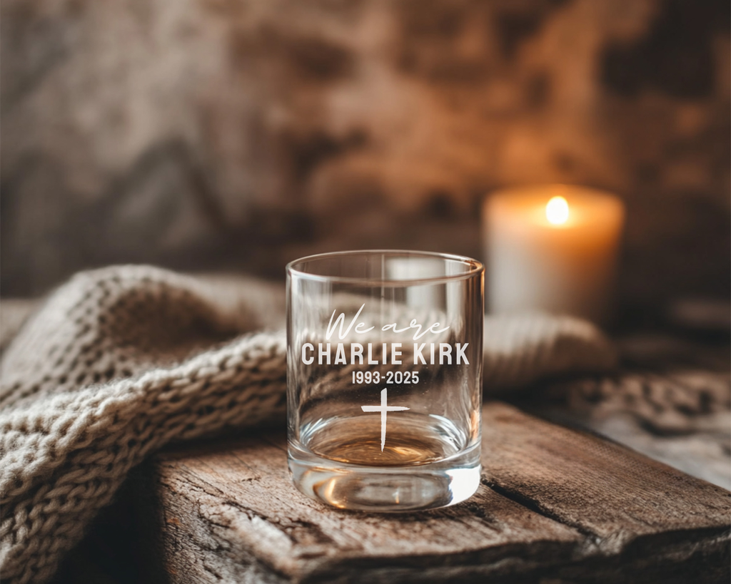 We are Charlie Kirk, Republican Gift, Patriotic American Gift, Political Awareness Whiskey Glass, Charlie Kirk Memorial, Tribute Style.