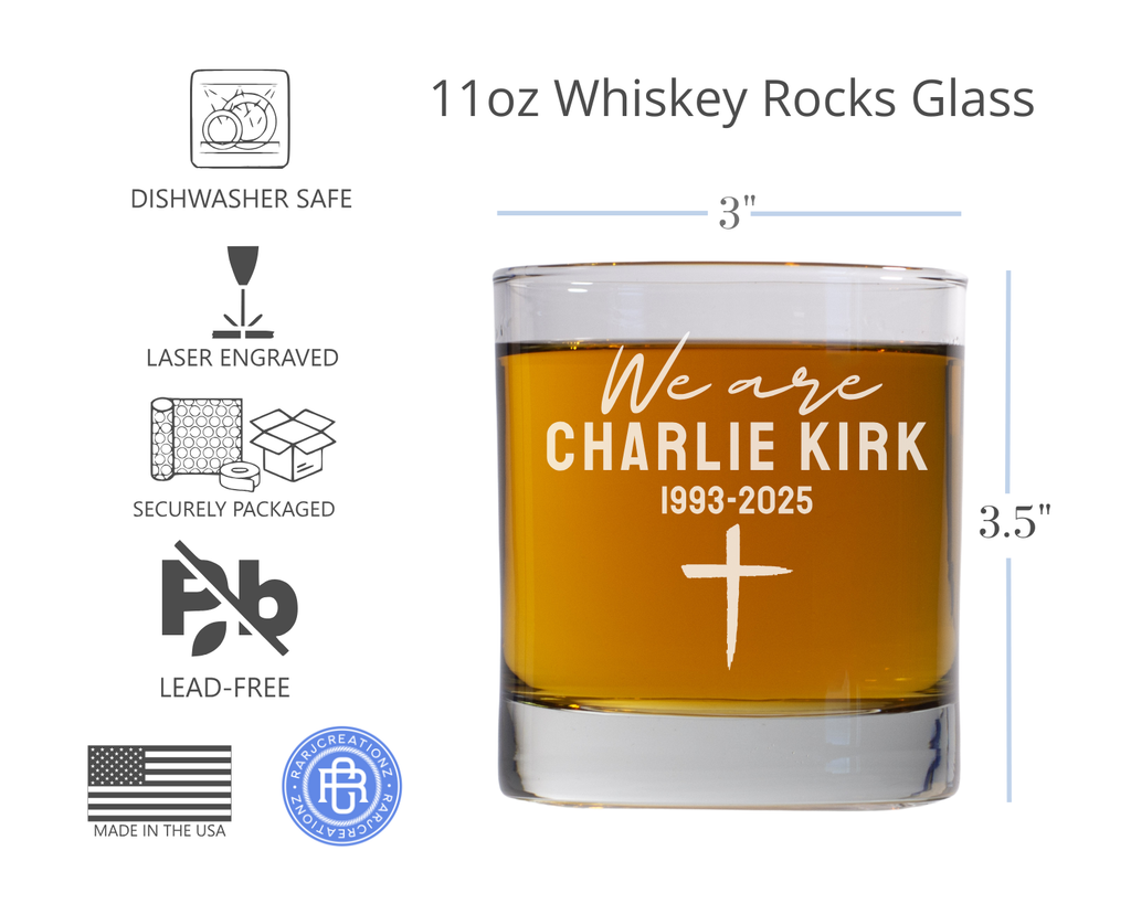 We are Charlie Kirk, Republican Gift, Patriotic American Gift, Political Awareness Whiskey Glass, Charlie Kirk Memorial, Tribute Style.