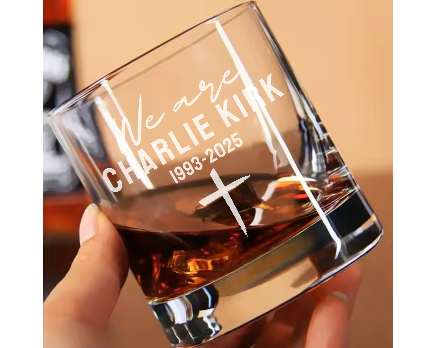 We are Charlie Kirk, Republican Gift, Patriotic American Gift, Political Awareness Whiskey Glass, Charlie Kirk Memorial, Tribute Style.