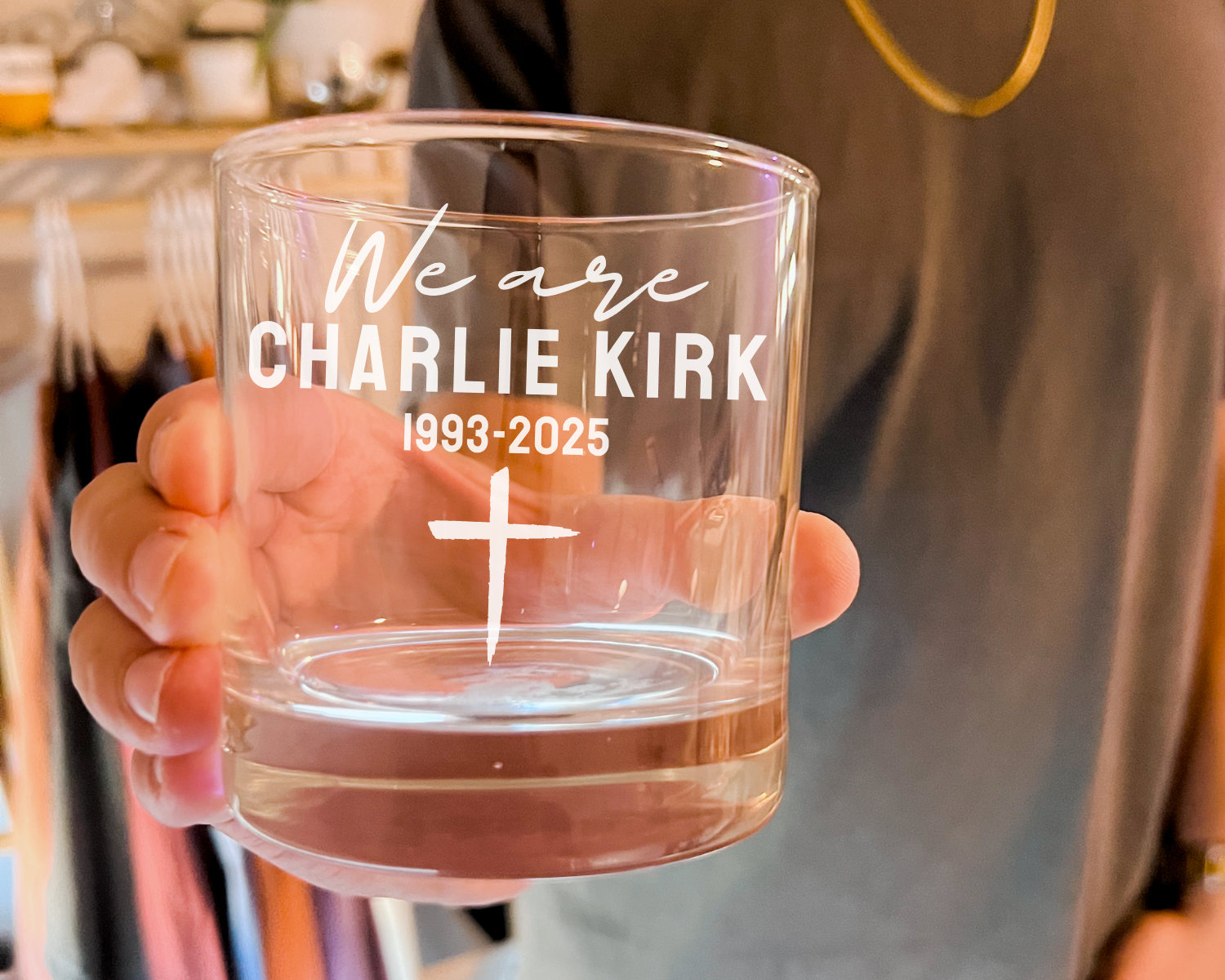 We are Charlie Kirk, Republican Gift, Patriotic American Gift, Political Awareness Whiskey Glass, Charlie Kirk Memorial, Tribute Style.