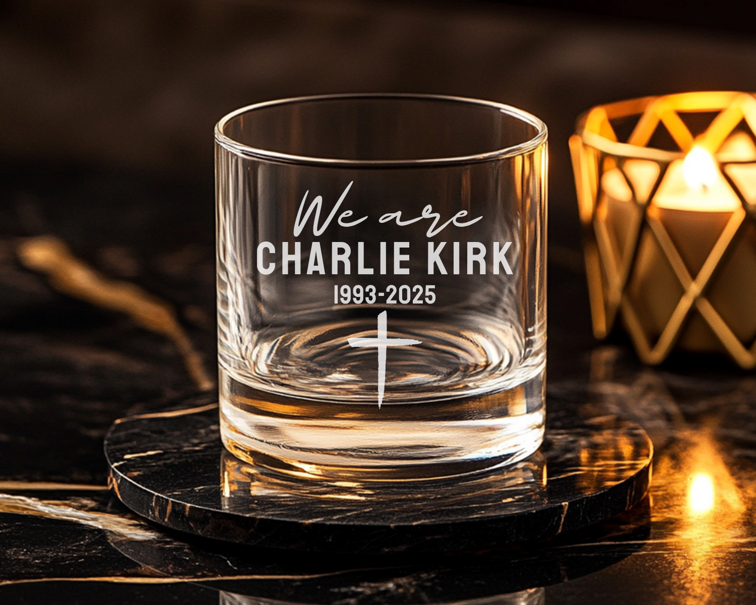 We are Charlie Kirk, Republican Gift, Patriotic American Gift, Political Awareness Whiskey Glass, Charlie Kirk Memorial, Tribute Style.